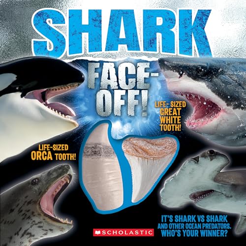 Shark Face-Off! book cover with life-sized replica shark teeth