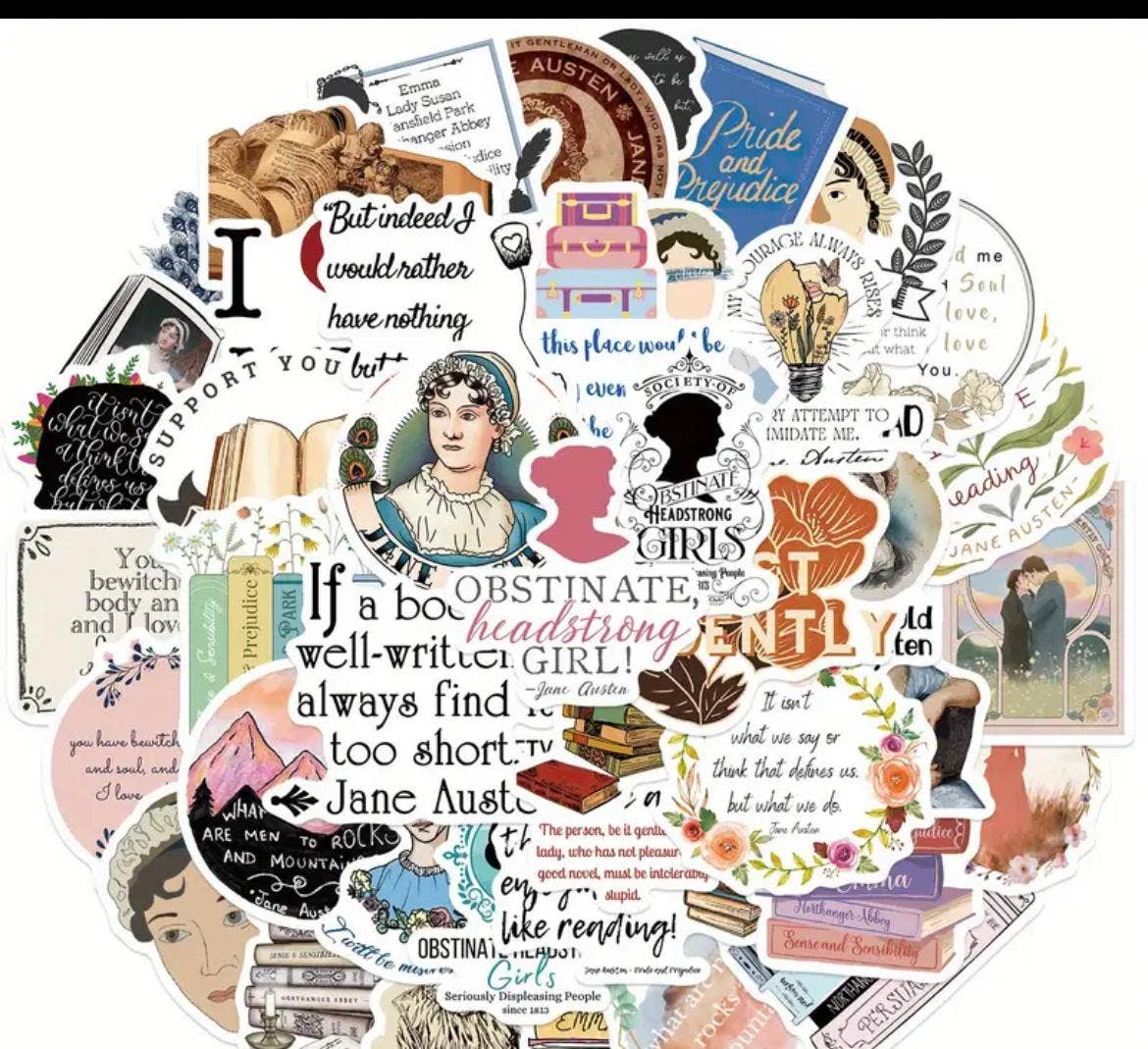 Jane Austen Stickers - Waterproof for Bottles, Laptops: 10 Stickers