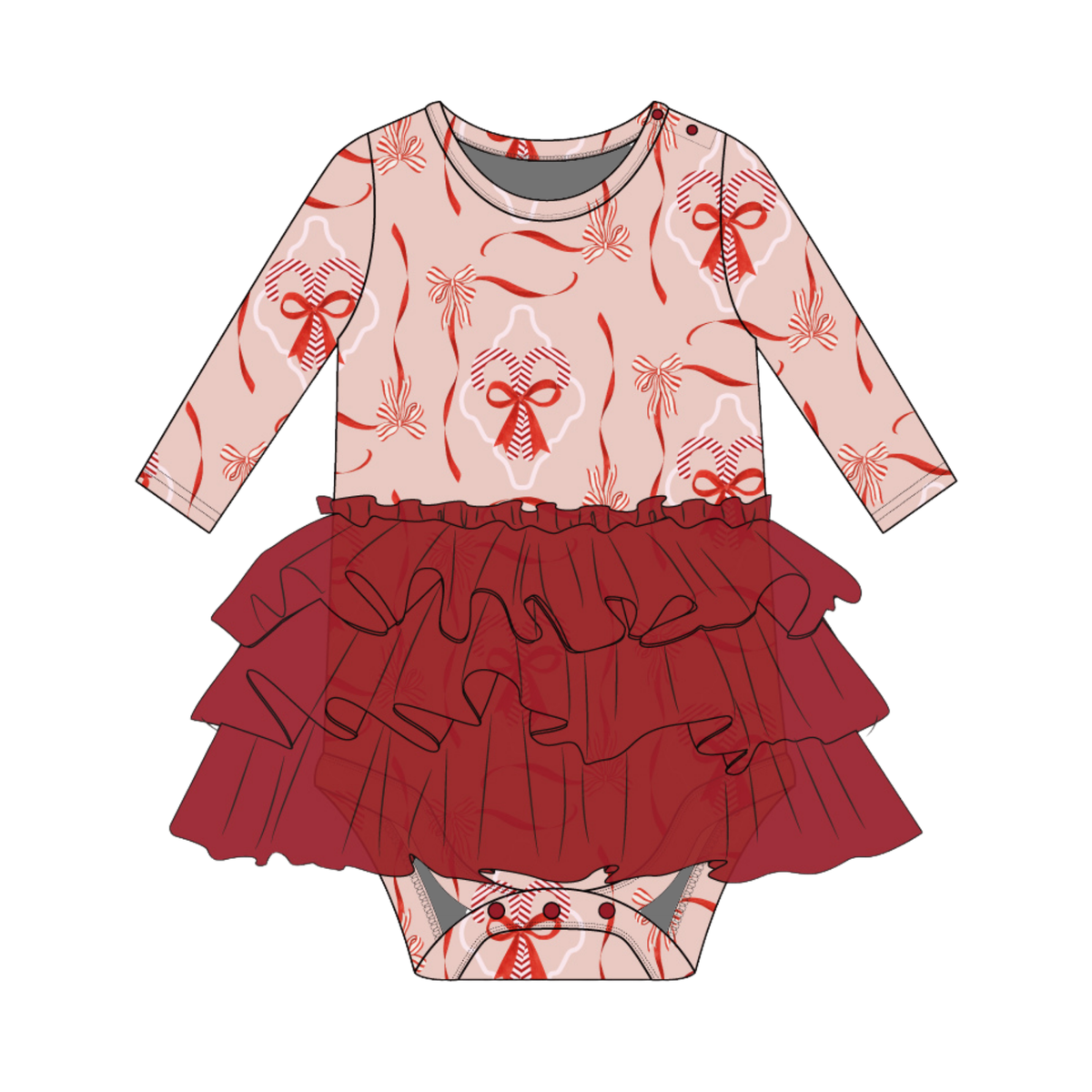 Candy Cane Coquette Long Sleeve Skirted Bamboo Onesie