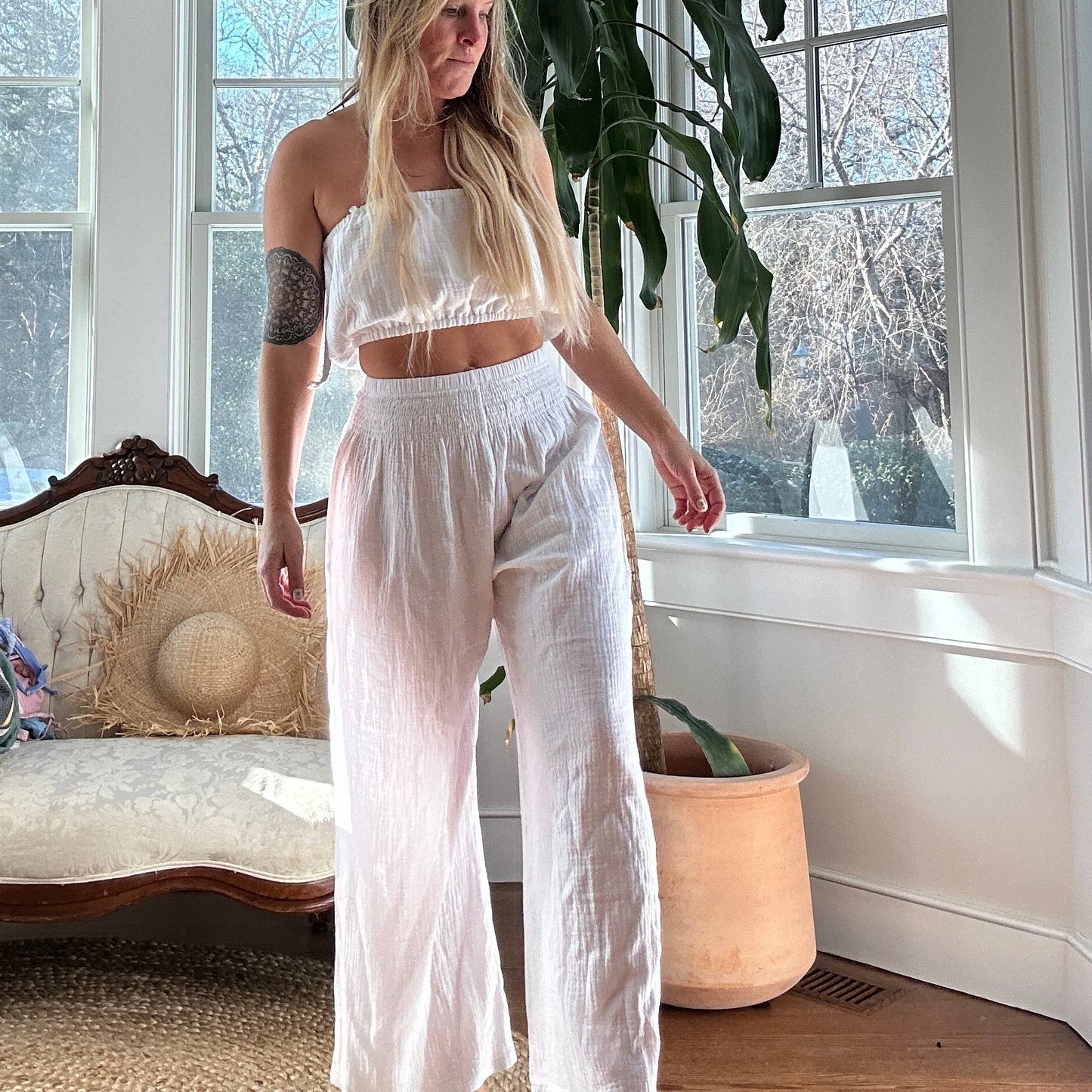 Cotton Wide Leg Beach Pants: M