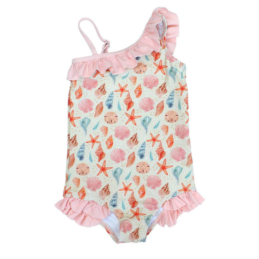 Sandy Seashells Beachy Girls Swimsuit One Piece Bathing Suit: Beige/Multi / 4/5T