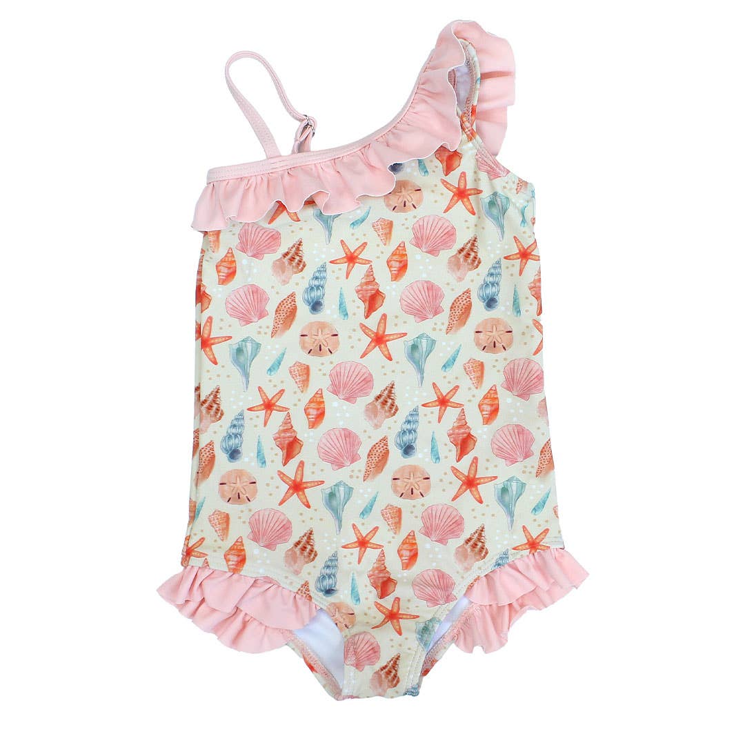 Sandy Seashells Beachy Girls Swimsuit One Piece Bathing Suit: Beige/Multi / 12-18M