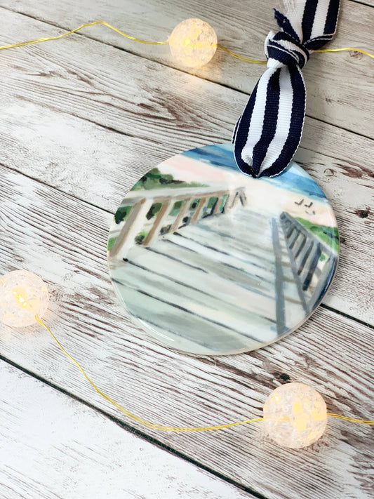 Beach Boardwalk, Coastal Holiday Ornament on Porcelain