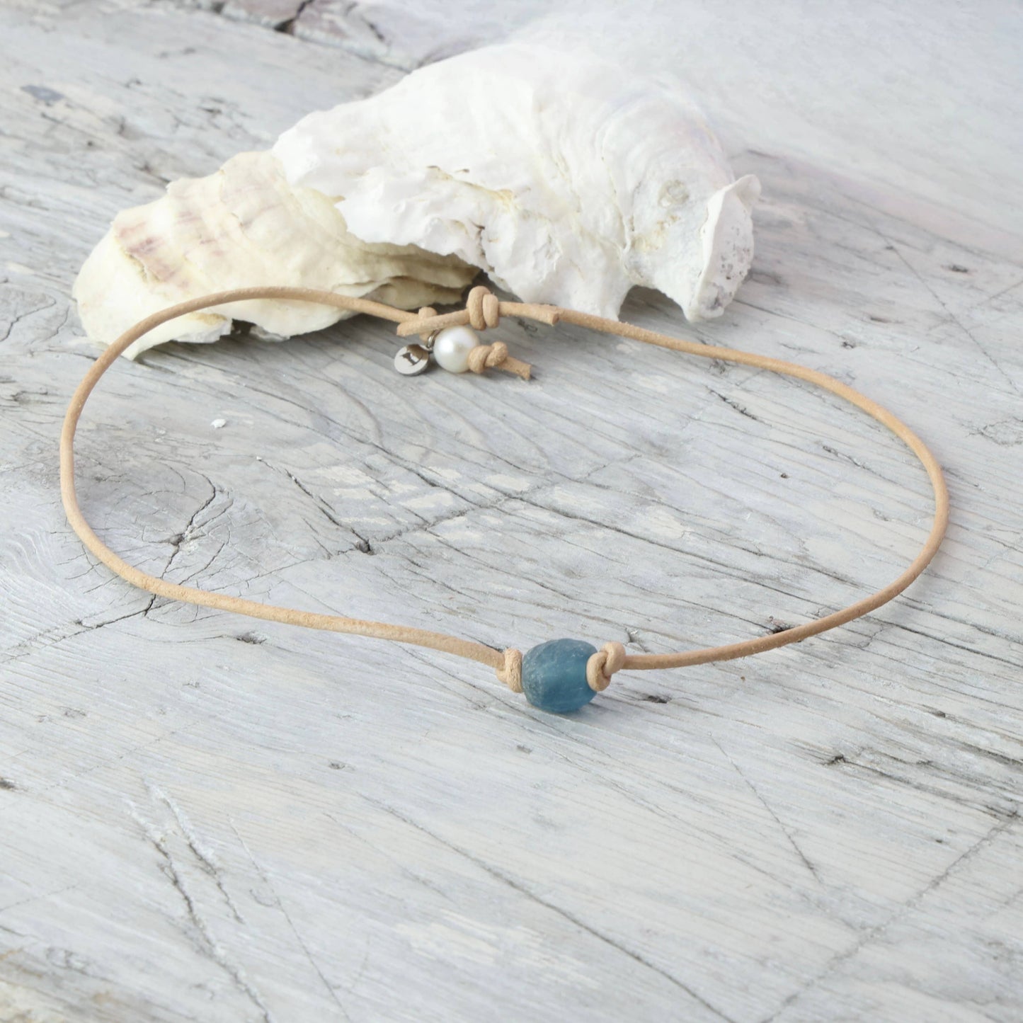 Sea Glass Leather Choker: Blue / Assortment / 19"