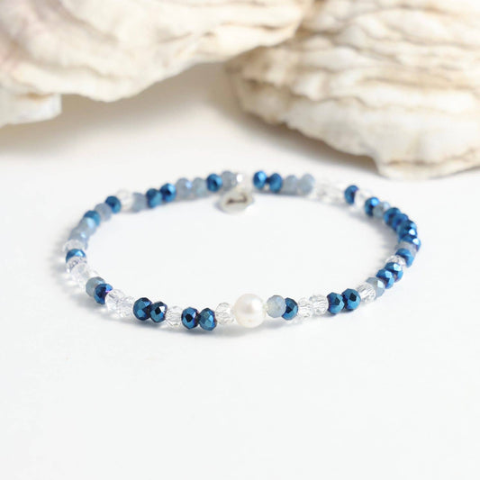 Tiny Deep Dark Ocean Vibes Pearl and Blue Crystal Bracelet