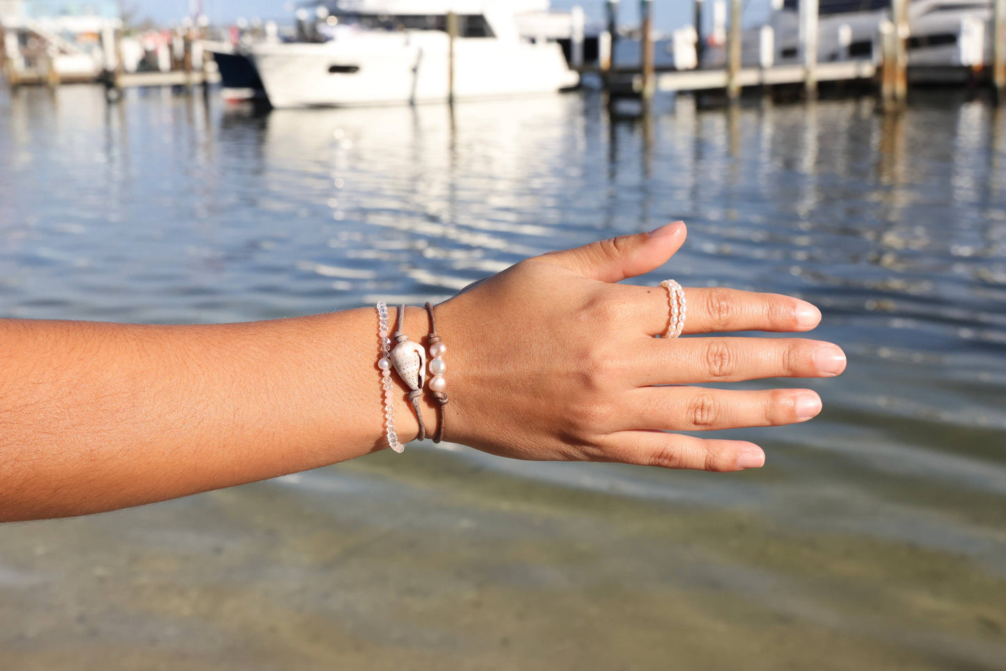 Pink Pearl Triple Bracelet: Beach Stone / 7"