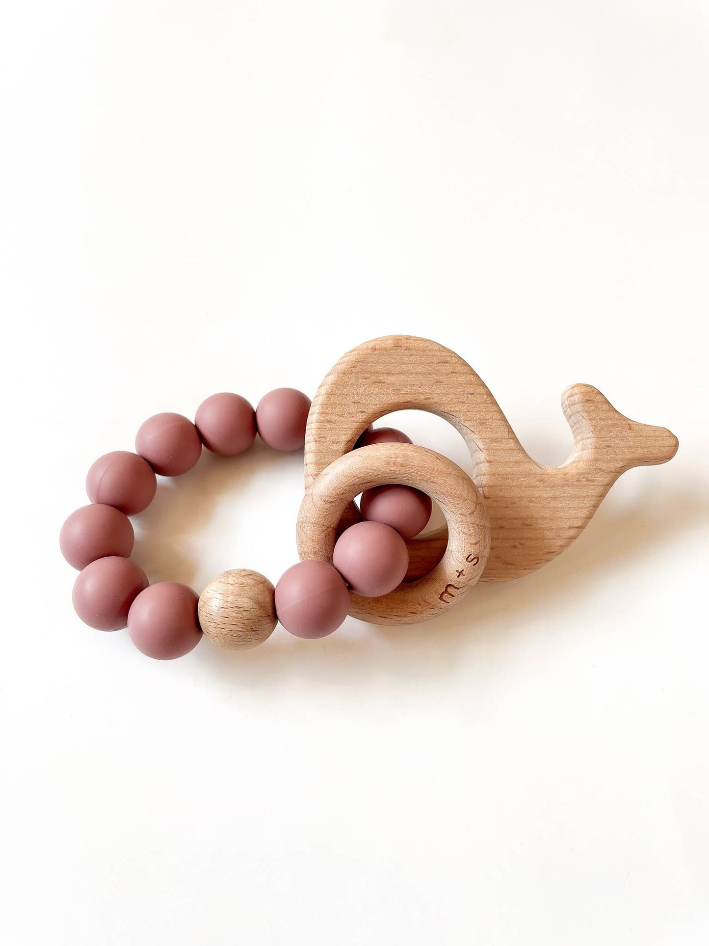 Whale Teether-Silicone and Beech Wood: Peach