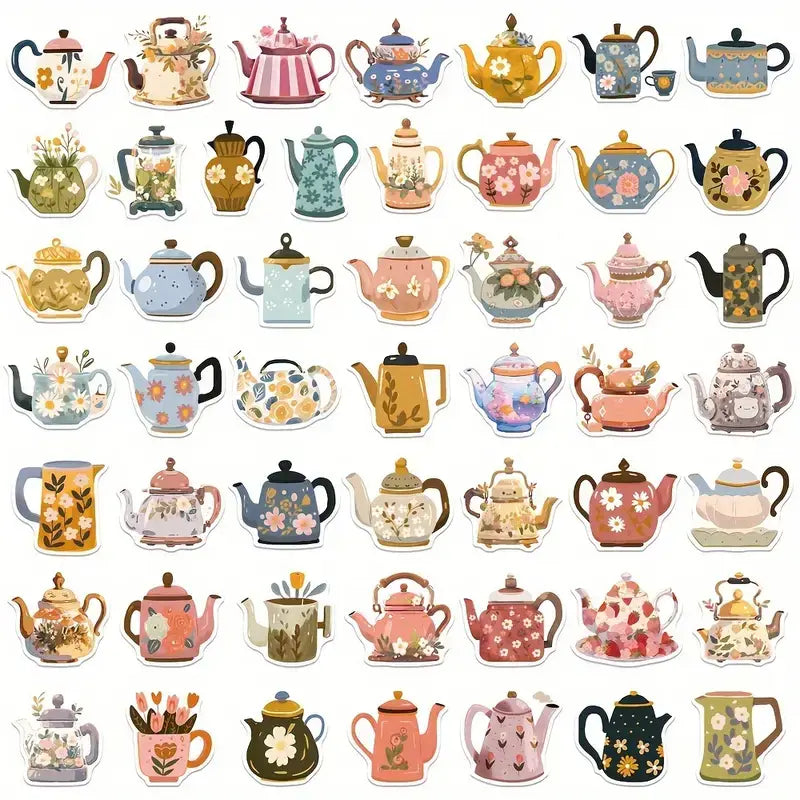 Vibrant Teapot Floral DIY Stickers - Waterproof Goodness!: 10 Stickers