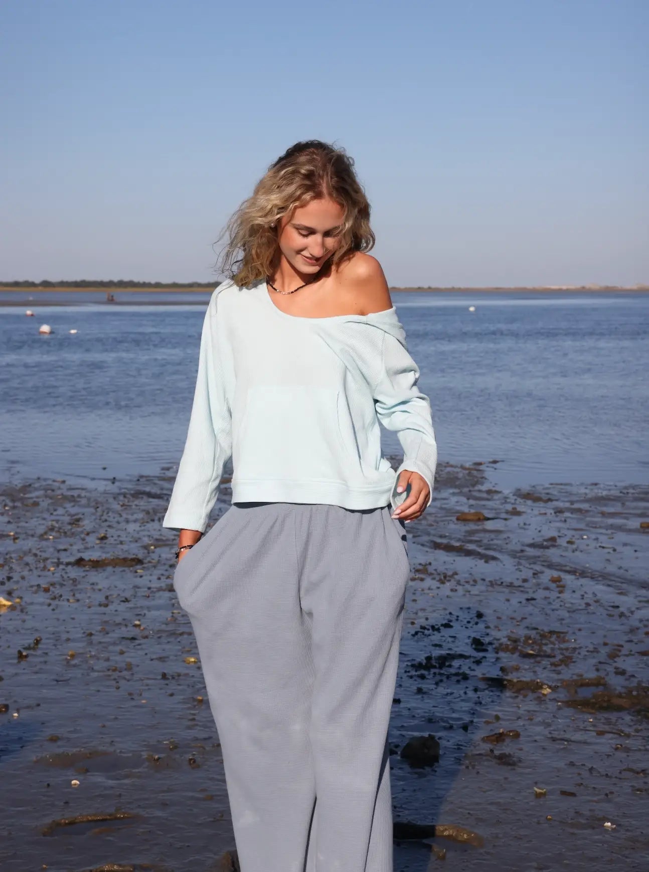 Powder Blue Waffle Hoodie – 100% Cotton Coastal Essential