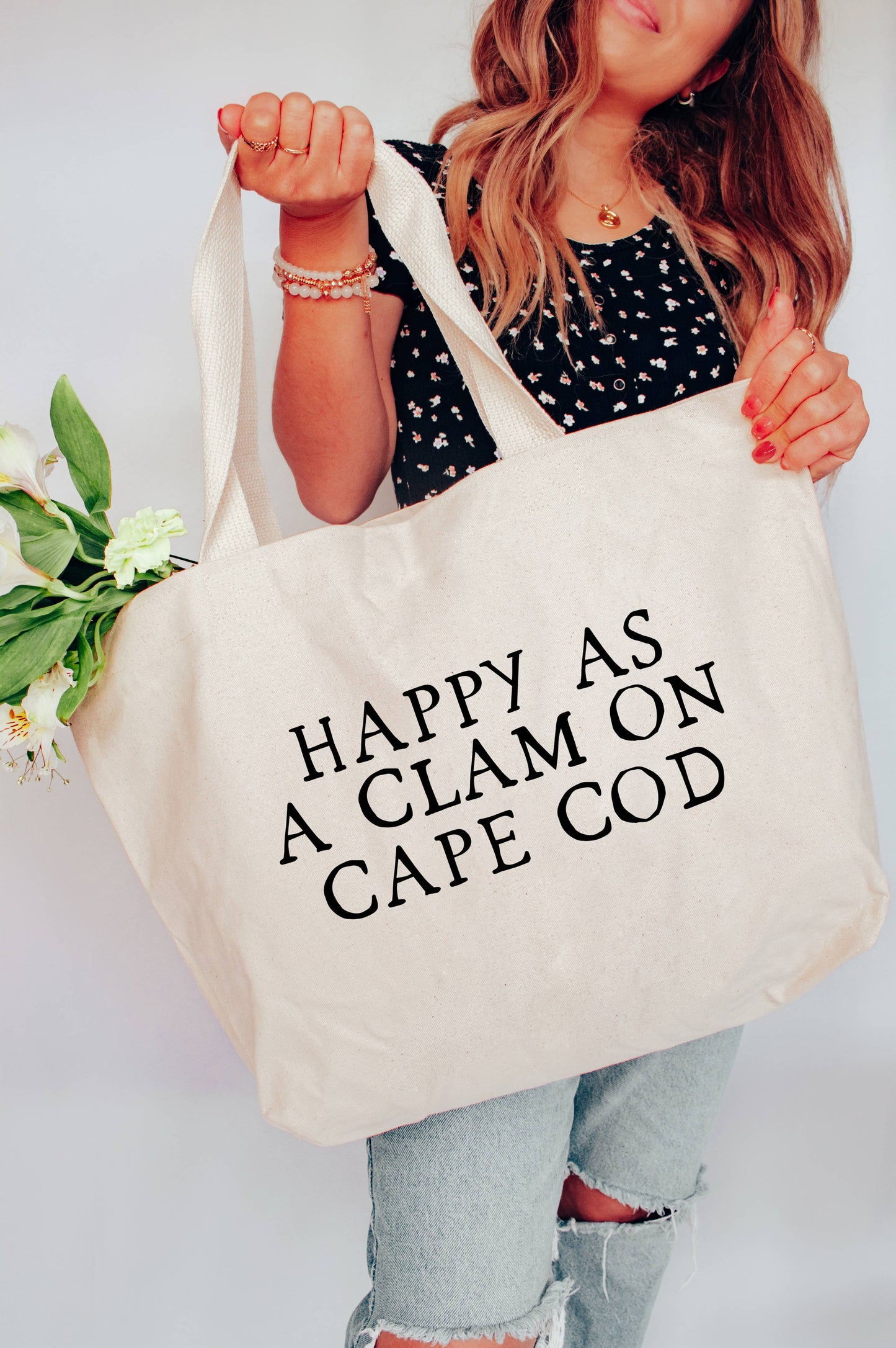 Happy as a Clam on Cape Cod Tote Bag 2 SIZES: L