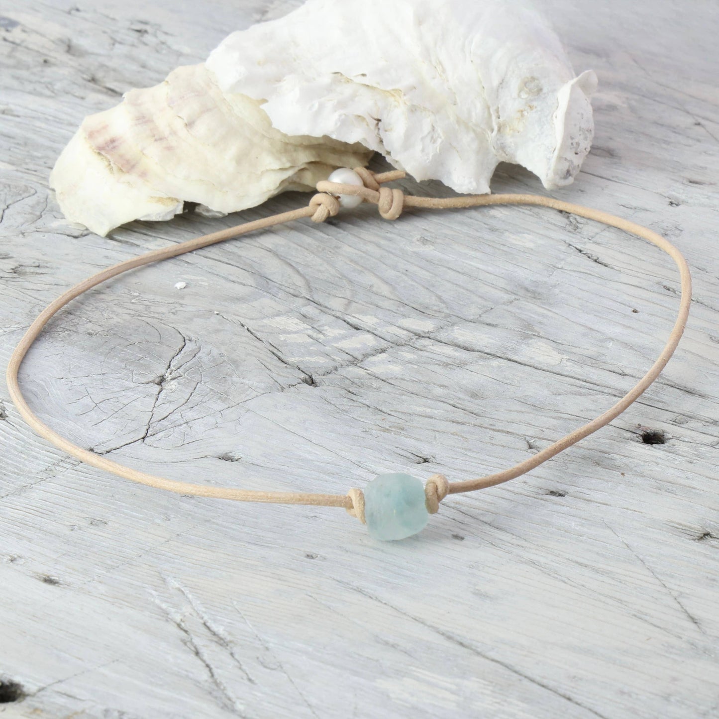 Sea Glass Leather Choker: Blue / Assortment / 19"