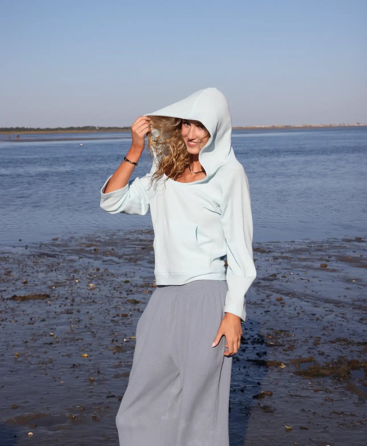 Powder Blue Waffle Hoodie – 100% Cotton Coastal Essential