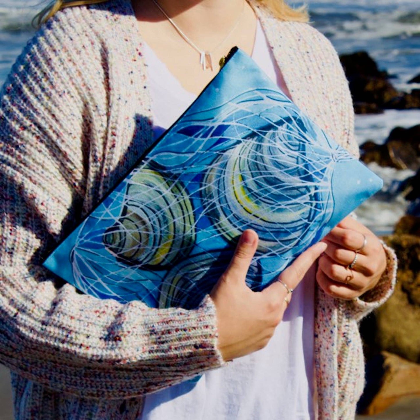 Large Blue Coastal Clams Zipper Clutch Pouch