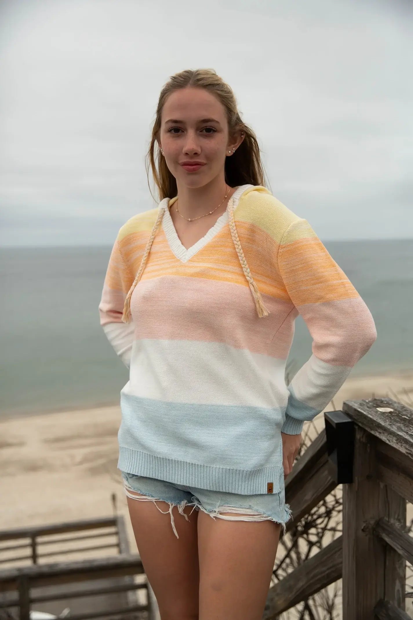 Yarn Dyed Pullover Hooded Beach Sweater 100% Cotton Blue/White: Small