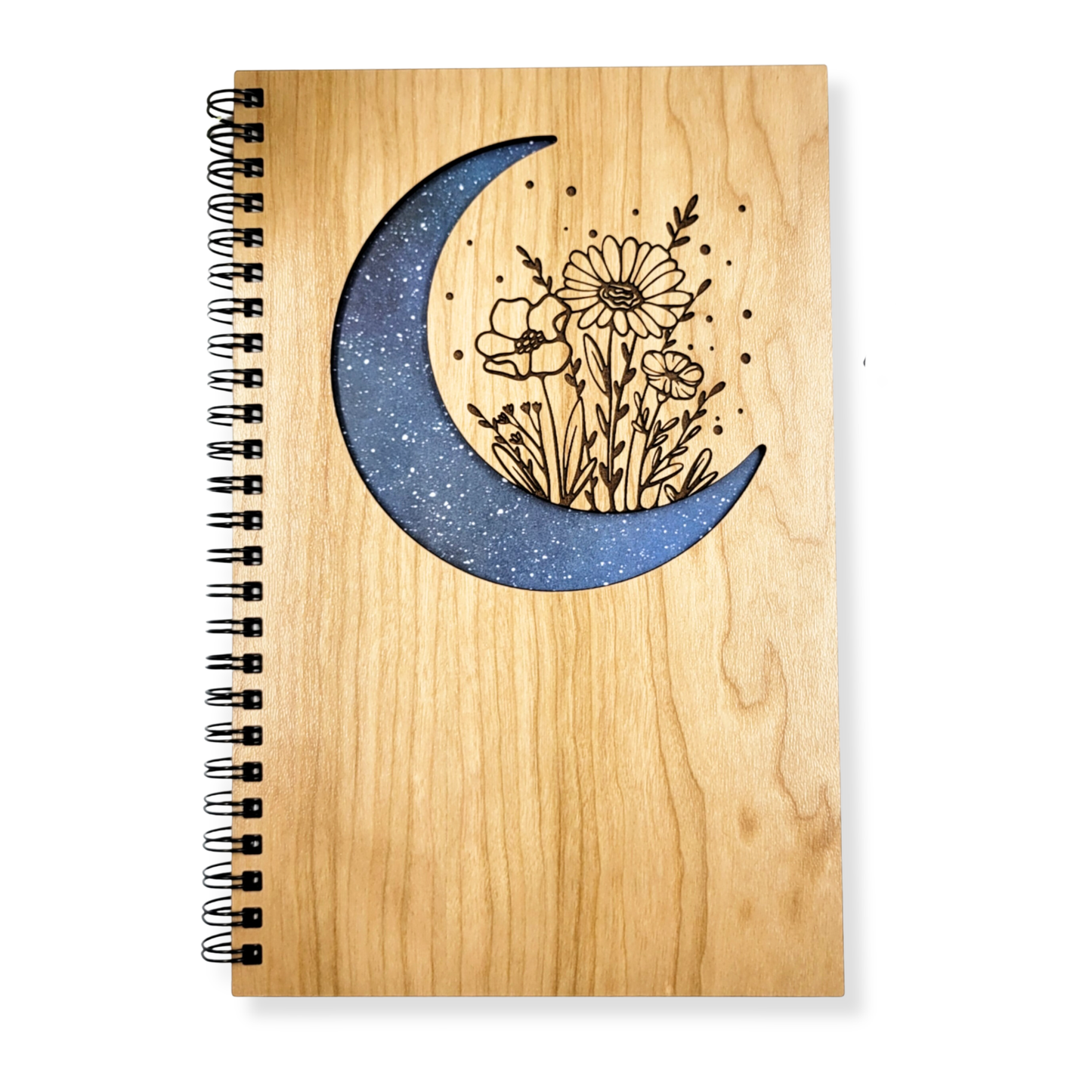 Floral moon wood journal - refillable notebook, stationery: Lined