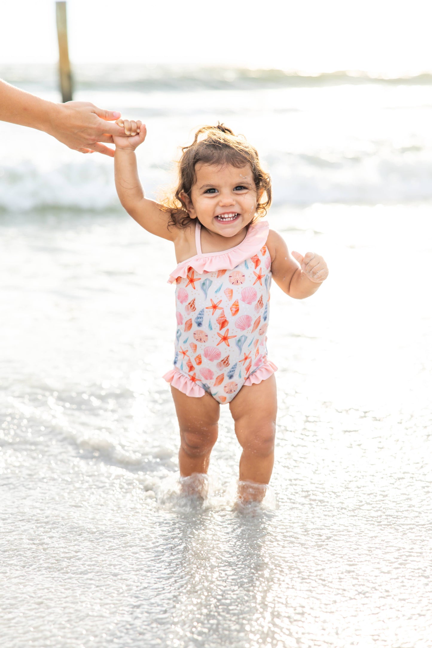 Sandy Seashells Beachy Girls Swimsuit One Piece Bathing Suit: Beige/Multi / 2/3T