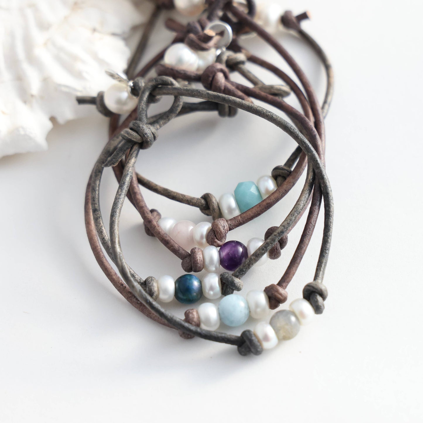 Pearl and Stone Leather Friendship Bracelet: 6" / Assortment