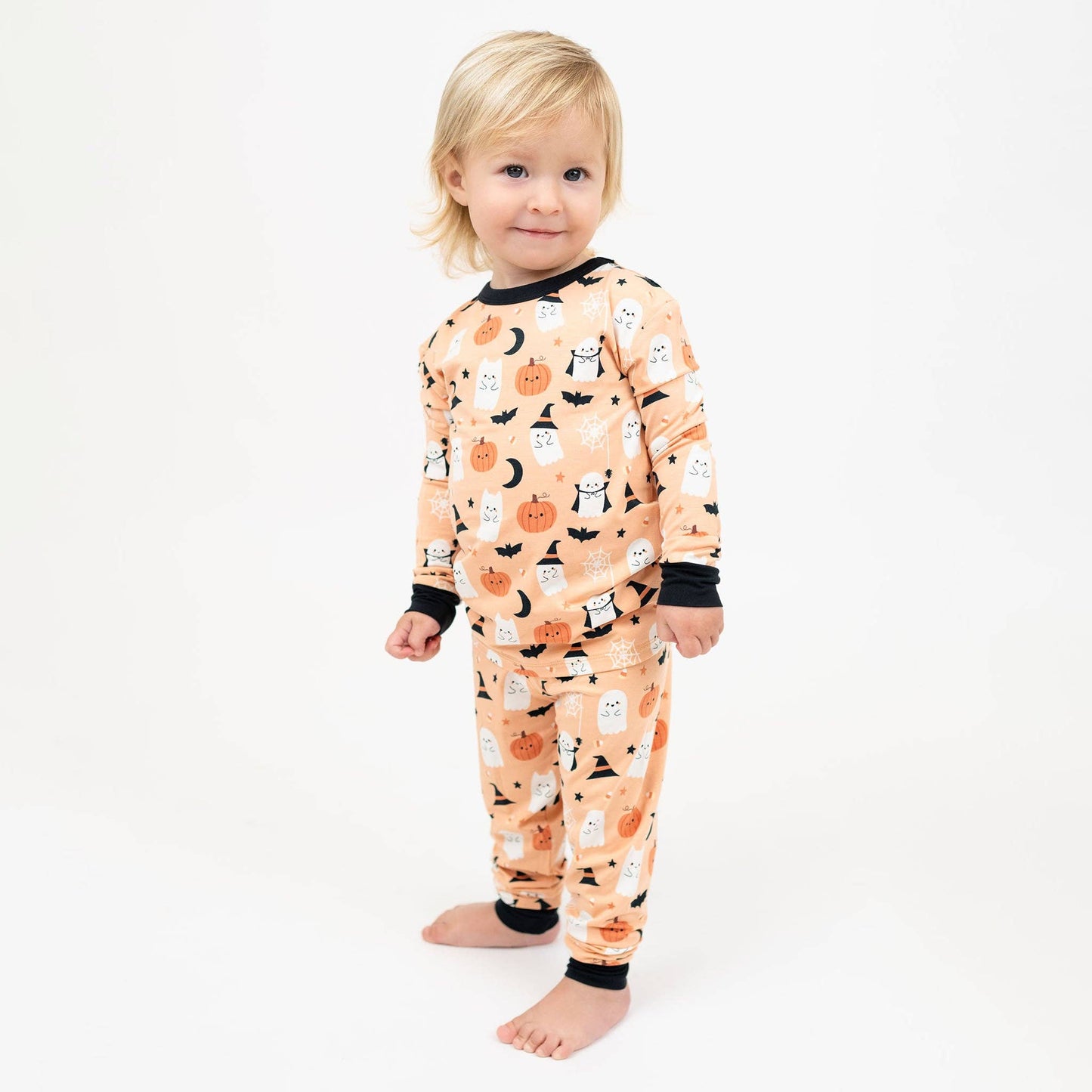 Boo-Tastic Glow-in-the-Dark Halloween Two-Piece Bamboo Long Sleeve Kids Pajama Pants Set: Orange/Multi / 2T