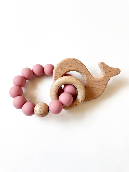 Whale Teether-Silicone and Beech Wood: Pink