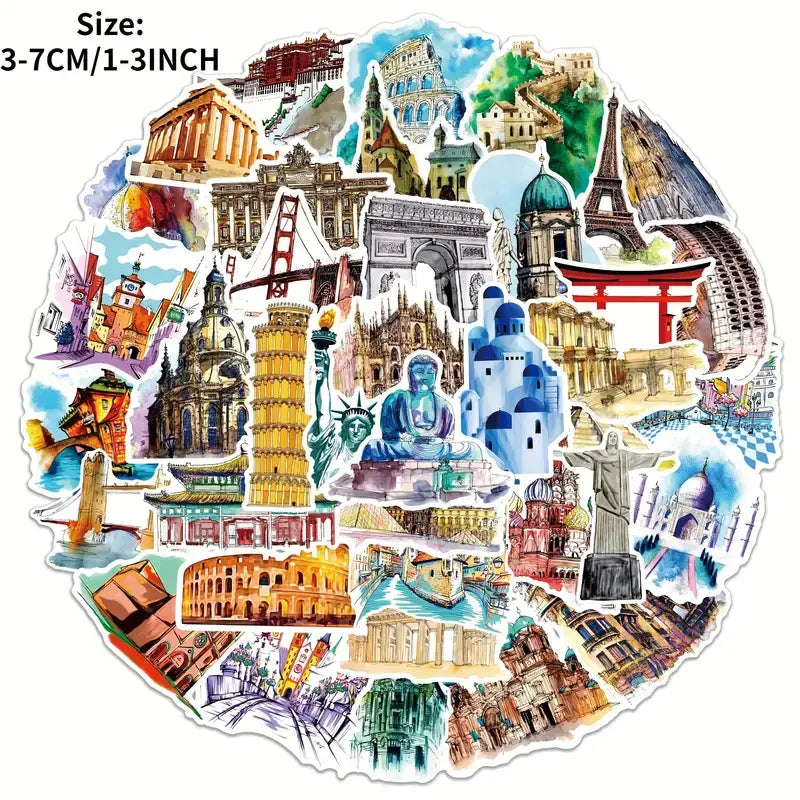 Travel World Landmarks Stickers: Retro Style Personalize DIY: 20 Stickers