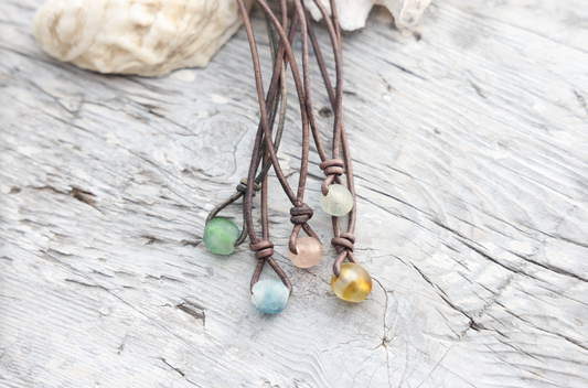 Recycled Sea Glass Leather Drop Necklace: Rose / Beachstone / 14"