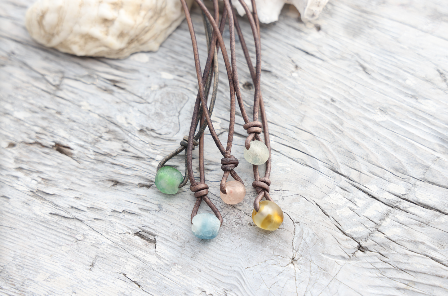 Recycled Sea Glass Leather Drop Necklace: Rose / Beachstone / 16"