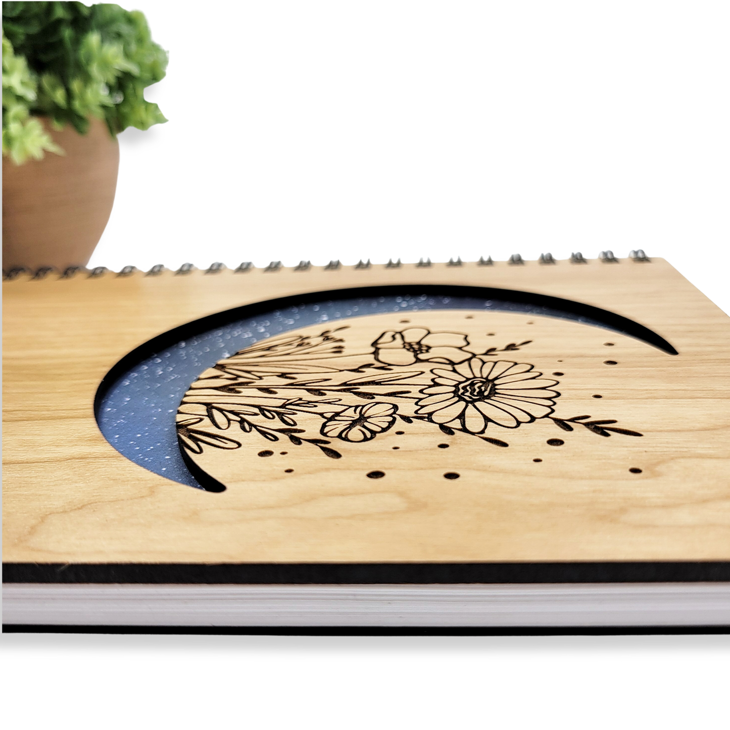 Floral moon wood journal - refillable notebook, stationery: Blank