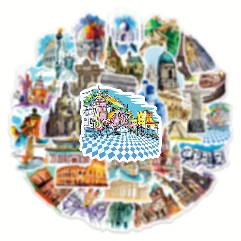 Travel World Landmarks Stickers: Retro Style Personalize DIY: 20 Stickers