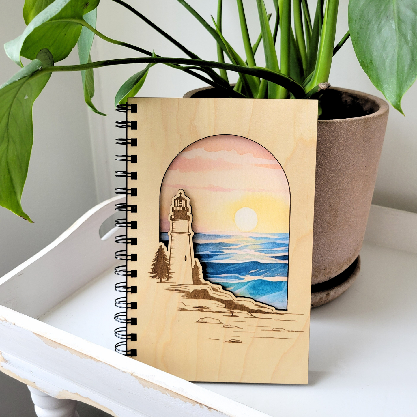 Beach Lighthouse Sunset Wood Journal - Stationery, Notebook: Lined