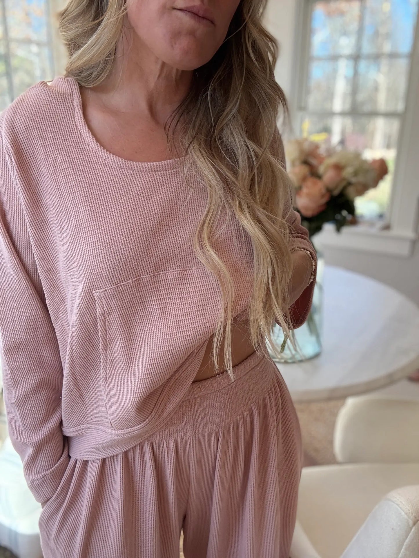 Ballet Blush Waffle Hoodie – 100% Cotton Coastal Essential