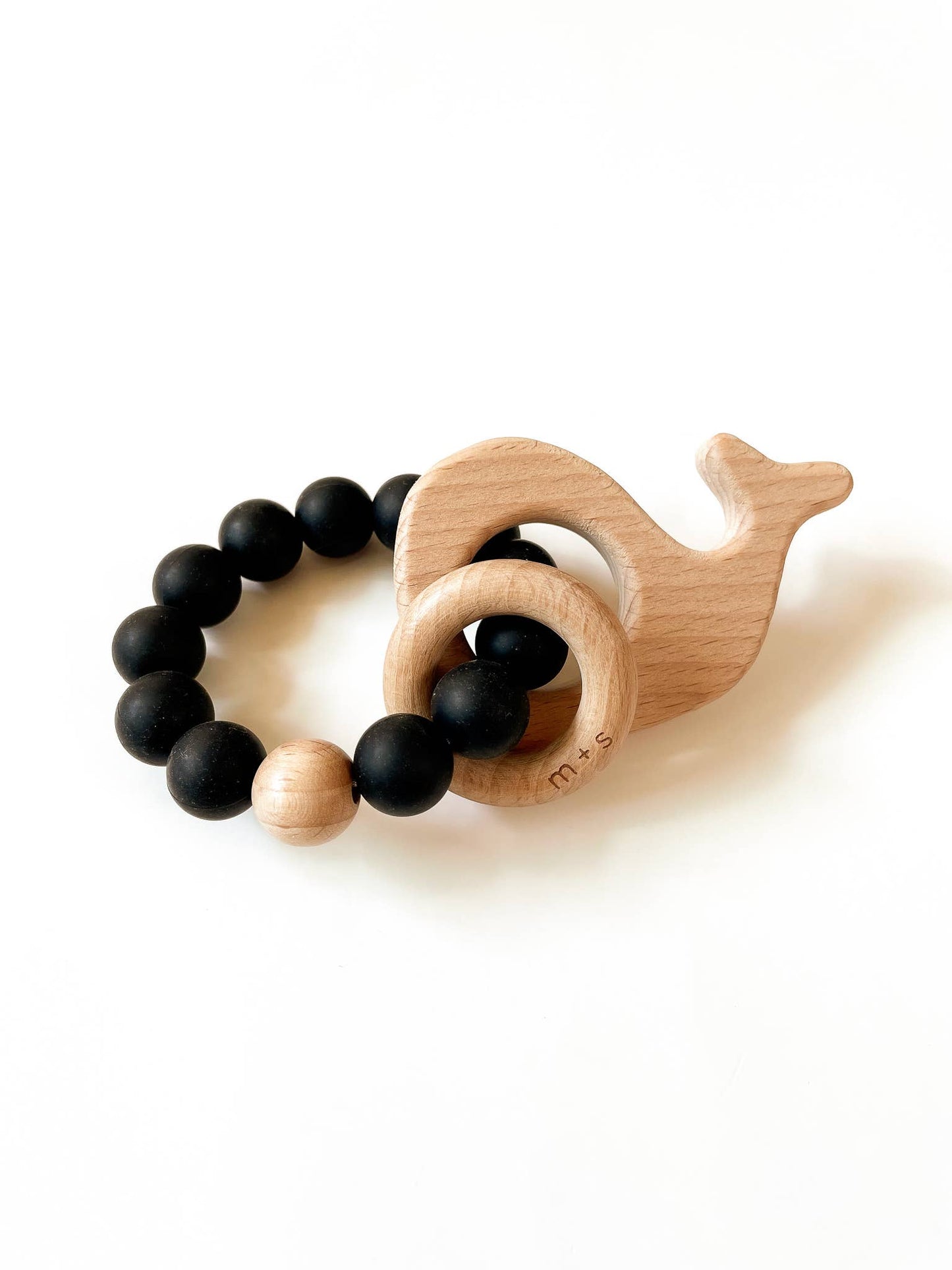 Whale Teether-Silicone and Beech Wood: Peach