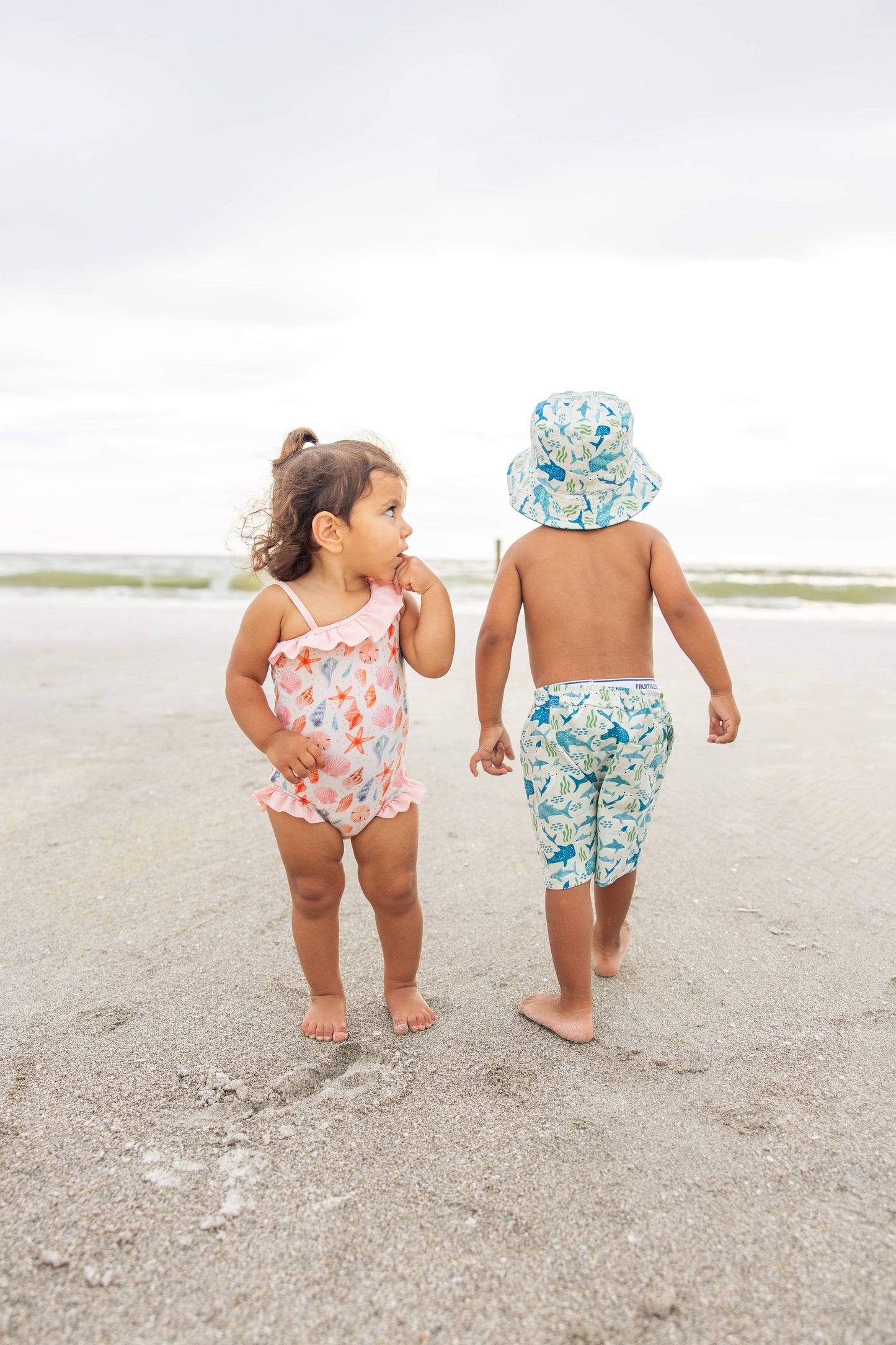 Sandy Seashells Beachy Girls Swimsuit One Piece Bathing Suit: Beige/Multi / 12-18M