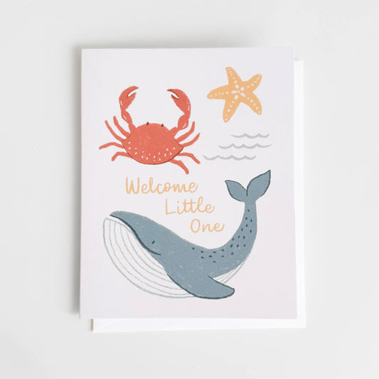 Nautical Greeting Card, Whale Crab Starfish Ocean Beach Baby