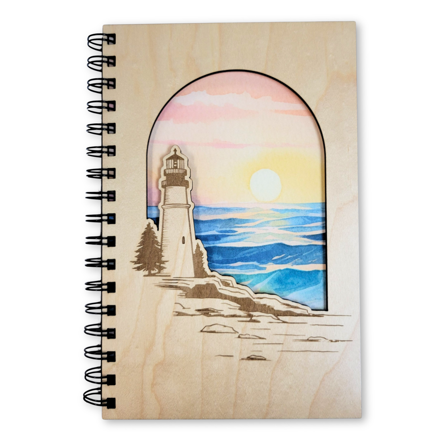 Beach Lighthouse Sunset Wood Journal - Stationery, Notebook: Lined