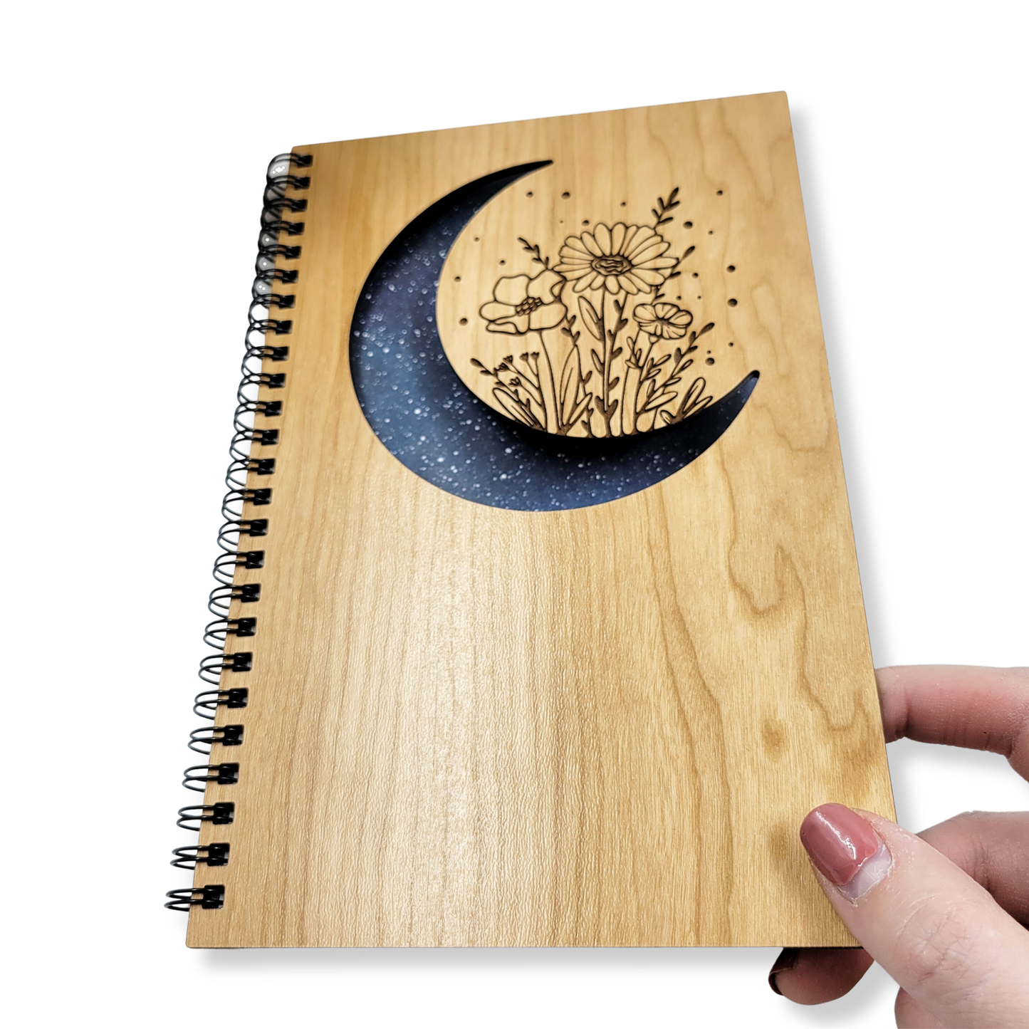Floral moon wood journal - refillable notebook, stationery: Lined