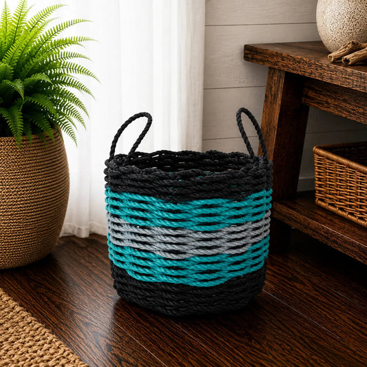 Five Stripe Rope Storage Basket Black, Teal & Gray