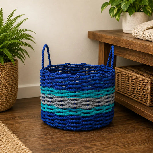 Authentic Maine Lobster Rope Storage Basket Blue and Light Gray with Teal Accents