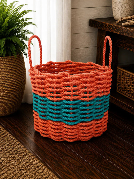 Authentic Maine Lobster Rope Storage Basket. Coral Orange and Teal