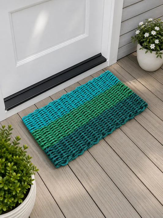 Green Ombre Rope Mat made with Lobster Rope, Hunter Green, Green, Teal