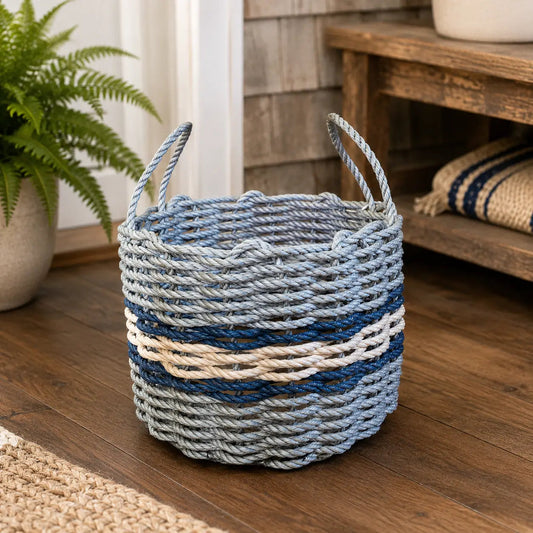 Lobster Rope Basket Light Gray and Light Tan, Navy Accents