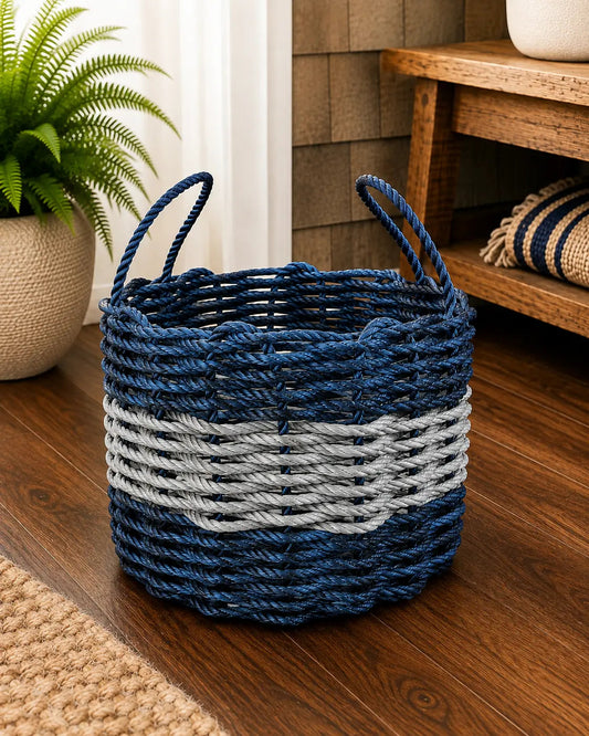 Authentic Maine Lobster Rope Storage Basket Navy Blue and Light Gray