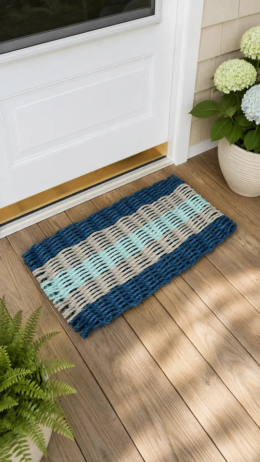 Five Stripe Rope Mat made with Lobster Rope Navy, Tan and Seafoam