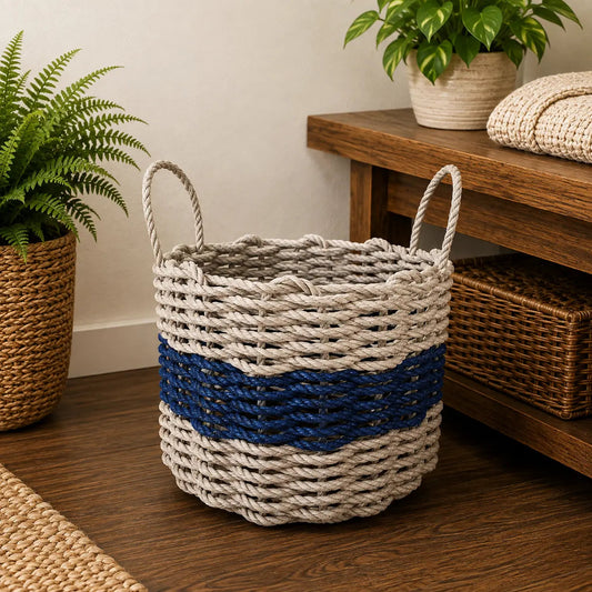 Authentic Maine Lobster Rope Storage Basket Tan and Navy Blue