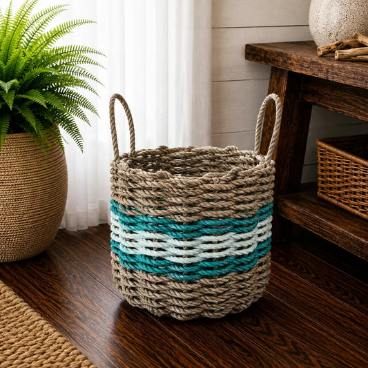 Lobster Rope Basket Tan and Seafoam, Teal Accents