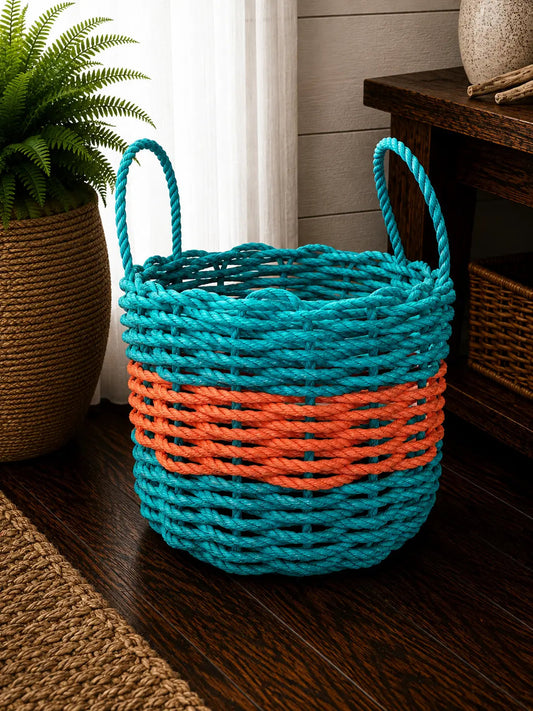 Authentic Maine Lobster Rope Storage Basket. Teal and Coral Orange
