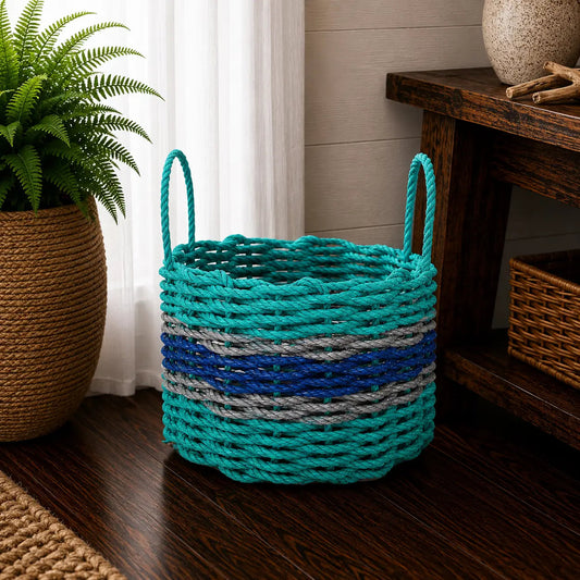 Authentic Maine Lobster Rope Storage Basket Teal and Blue with Light Gray Accents