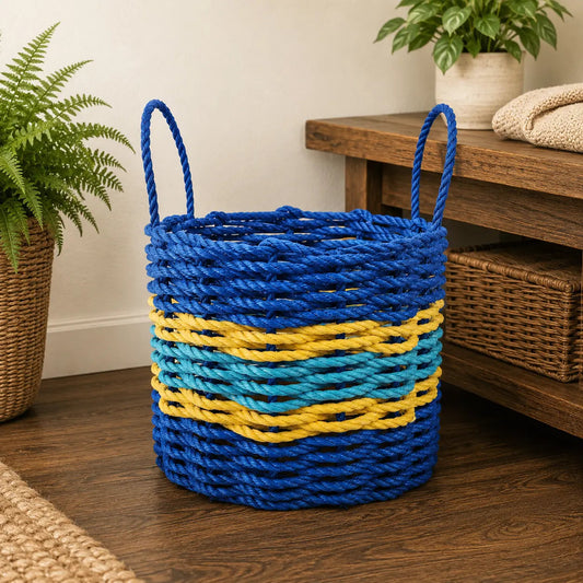 Authentic Maine Lobster Rope Storage Basket Two Tone Blue with yellow Accents