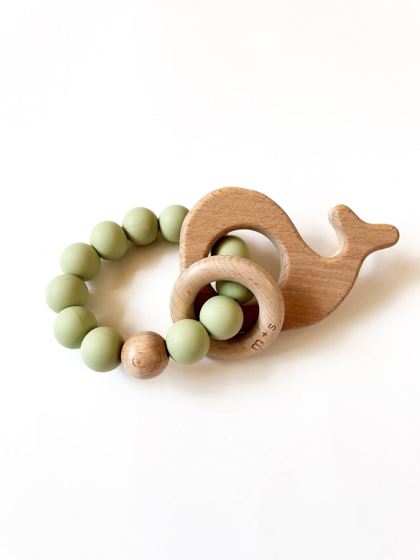 Whale Teether-Silicone and Beech Wood: Peach