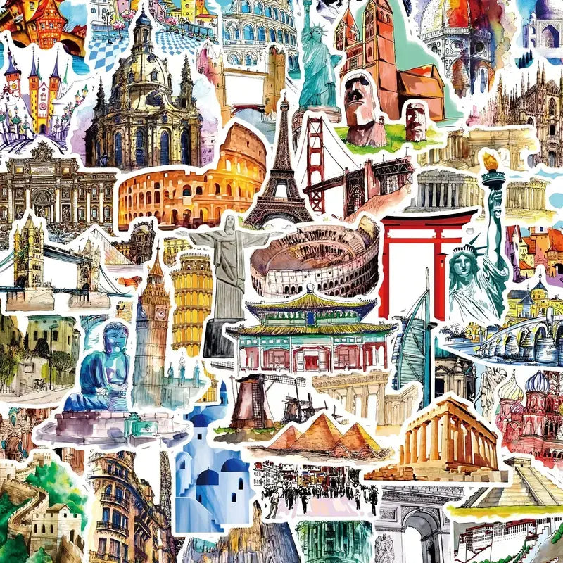 Travel World Landmarks Stickers: Retro Style Personalize DIY: 20 Stickers