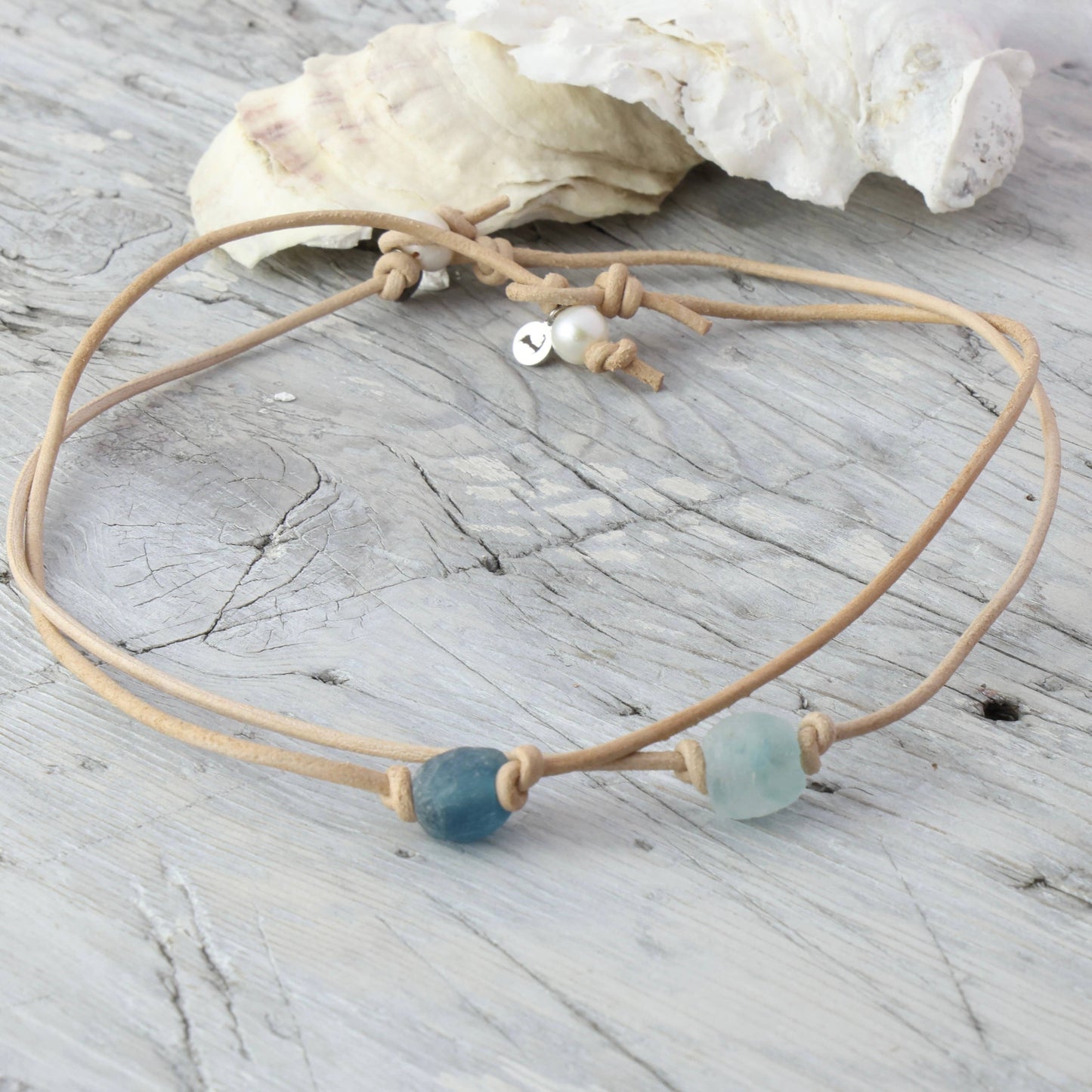 Sea Glass Leather Choker: Blue / Assortment / 19"